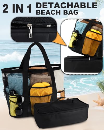 CaCTOUR Beach Bag with Cooler Compartment,Mesh Beach Bag Dry Wet Detachable with Zipper Pockets,Waterproof Sandproof Pool Bag - color: Black