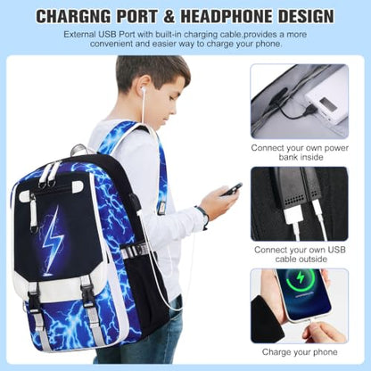 Bevalsa Backpack for Boys, Cool Luminous Boys Backpack with Sling Bag, Lunch Box & Pen Case, School Bags for Kids Children Teens Elementary Middle Schools, Bookbag Glow In The Dark (Lightning) - color: Blue Lightning