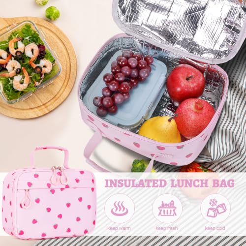 DIGOBAY 3PCS Girls Backpack for School, Kids Backpack for Girls with Lunch Bag Pencil Case, Kids Bookbag Teen Girl Backpacks for Elementary Middle High College School (Pink Strawberry) - color: Pink Strawberry