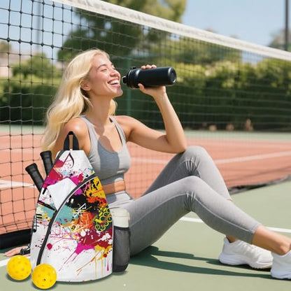 Pickleball Bag for Women Men Adjustable Crossbody Sling Backpack Hold Pickleball Paddle Water Bottle - color: Multicolor 19