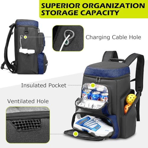 HAMBOLY Premium Pickleball Bag for Men & Women — Large Pickleball Backpack with Padded Paddle Pocket & Shoe Compartment, Tournament Ready with Insulated Cooler & Fence Hook - color: Dark Grey + Blue