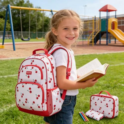 mommore Kids Backpack for Boys Girls 4-8 Kindergarten Elementary School Backpack with Lunch Box - 15” H Fit Folder - color: A-red Cherry, style: 3 Pcs