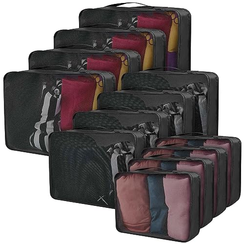 Silkfly 12 Pcs Packing Cubes for Suitcase Travel Luggage Bags Bulk Mesh Organizer Set for Hiking Camping Backpacking Clothes Accessories (Black,XL, L, M Size) - color: Black, size: XL, L, M