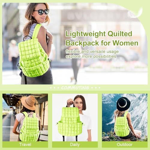 XSUIOY Quilted Backpack Purse for Women Small Lightweight Puffer Puffy College Laptop Backpack Nylon Casual Bookbag Daypack Top Flap Drawstring Padding Hiker Travel Gym Backpack(Green) - color: Green