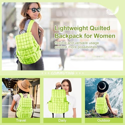 XSUIOY Quilted Backpack Purse for Women Small Lightweight Puffer Puffy College Laptop Backpack Nylon Casual Bookbag Daypack Top Flap Drawstring Padding Hiker Travel Gym Backpack(Green) - color: Green