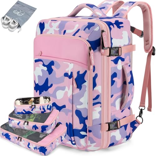 Lumesner Carry on Travel Backpacks, Extra Large 40L Flight Approved for Men & Women,Expandable Suitcase backpack (Camouflage Pink(Backpack With 4 Packing Cubes)) - color: Camouflage Pink