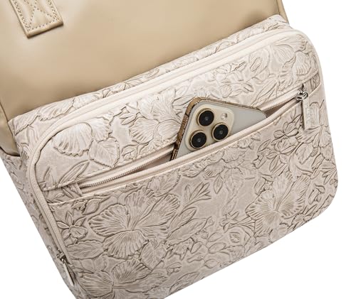 Kinmac Wide Open Style Laptop Backpack for Laptop Up to 15.6 Inch Men Women Travel Outdoor Backpack (Apricot Flower PU) - color: Apricot Flower Pu
