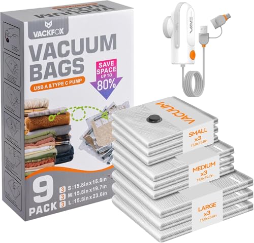 Travel Vacuum Bags with USB & TYPE C Pump, 9 Pack Carry-On Vacuum Storage Bags for Luggage & Suitcase, Vacuum Luggage Bags, Space Saver for Clothes & Travel(Grey) - style: Grey-9 Vacuum Bags + USB & TYPE-C Pump