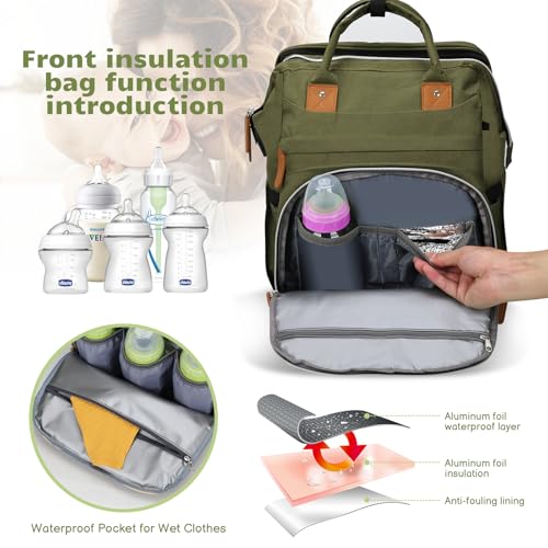 Diaper Bag Backpack for New Parents, Large Capacity Baby Travel Bag with Bottle Holders, Multiple Compartments (Green) - color: Green