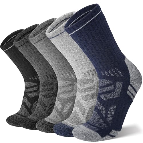 ANTSANG Merino Wool Hiking Socks, Enhanced Breathability, Targeted Cushion Thermal Socks for Men and Women, 5 Pairs - color: Blue/Gray/Black, size: Large