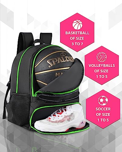 Basketball Bag Backpack for Men Women with Ball & Shoes Compartment 30L Capacity Lightweight Breathable Boys Girls Soccer Ball Bag Backpack Fit Volleyball Football Sports Travel School Gym - color: TK13Green