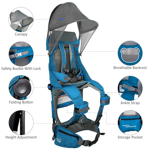 WIPHA Hiking Backpack Carrier, Lightweight Toddler Shoulder Carrier with Sun Shade, Foldable Frame, Breathable Mesh Backrest, Toddler Hiking Backpack for Kids 6 Months to 2 Years Old - color: Antelope-I-Blue