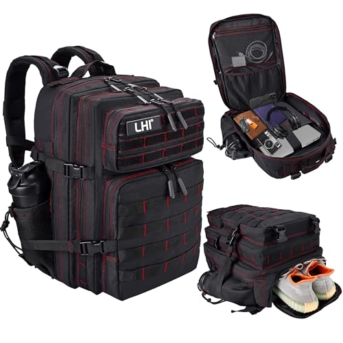 LHI Military Tactical Backpack for Men and Women 45L Army 3 Days Assault Pack Bag Large Rucksack with Shoe Compartment - Black red line - color: 1.21 Shoe Compartment（black Red Line）