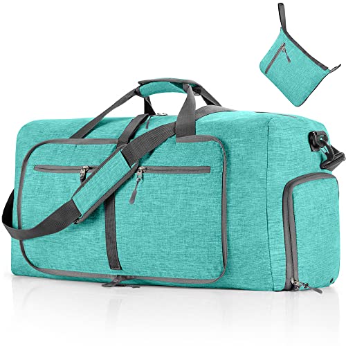 Vomgomfom 65L/85L/115L Foldable Travel Duffle Bag, Lightweight Checked Luggage with Shoe Compartment, Water-Resistant Weekender Overnight Bag for Men & Women - color: G Mint Green, size: 65L