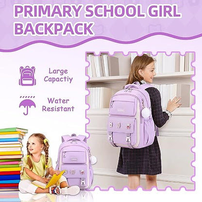 PIG PIG GIRL Girls Backpack, Kids Backpack for Girls with Anti-theft Back Pocket, Lightweight School Back Pack Water Resistant Bookbag for Elementary Primary School, Purple - color: Purple