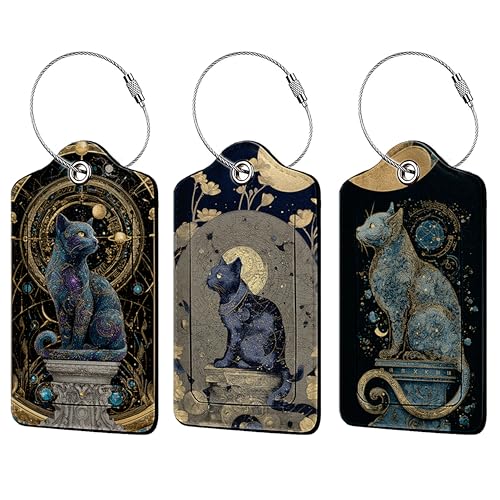 Mystical Zodiac Cat 3 Pack Luggage Tags for Suitcases,Sun Moon Astrology PU Leather Baggage Suitcases Tag Name ID Label Privacy Cover Travel Bag Tags for Women Men Boys Girls - color: Mystical Zodiac Cat
