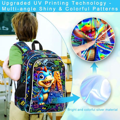 16" Dinosaur Backpack, 3Pcs Boys Bookbag with Lunch Box, Kids School Backpacks Set for Elementary Preschool Kindergarten (Balck) - color: Dinosaur Black