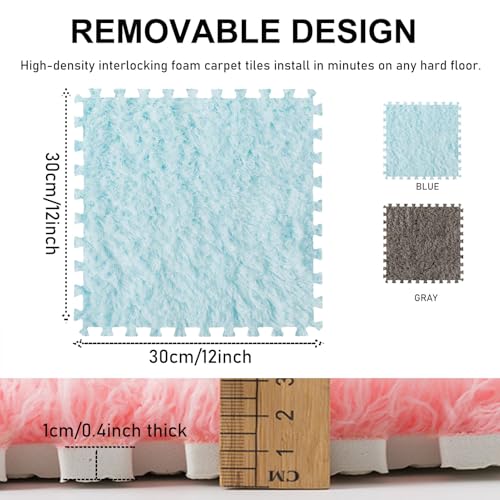 Thickened Plush Foam Interlocking Floor Carpet Mat, 24 Piece 12x12in Fluffy Square Puzzle Foam Carpet Tiles with Edgings, Soft Anti-Slip Shaggy Area Rug Playmat (Dark Curry+Blue) - color: Dark Curry+blue