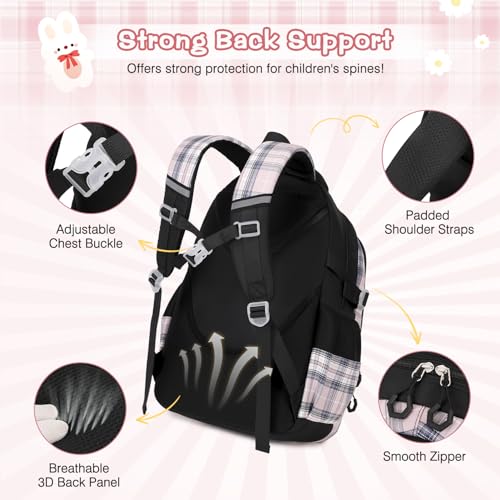 3PCS School Backpack for Girls, Girls Backpack with Lunch Box, Pencil Case, Cute Kawaii Plaid Book Bag for Teen Girl Kindergarten Elementary Preschool Middle High School, Black Pink - color: Black