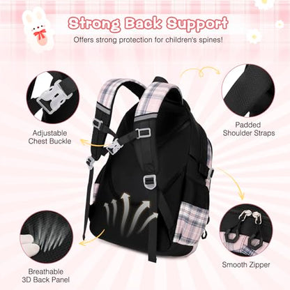 3PCS School Backpack for Girls, Girls Backpack with Lunch Box, Pencil Case, Cute Kawaii Plaid Book Bag for Teen Girl Kindergarten Elementary Preschool Middle High School, Black Pink - color: Black