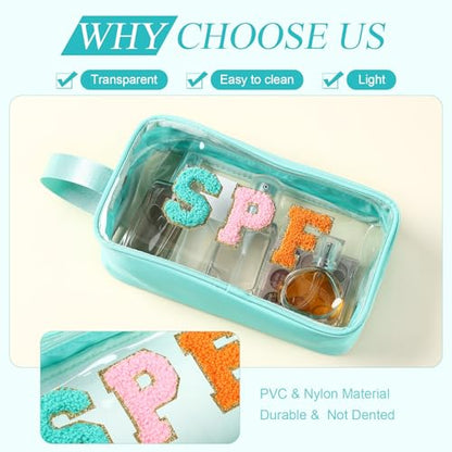 Kacctyen Clear Beach Swim SPF Makeup Bag Preppy Chenille Letter Cosmetics Nylon Toiletry Waterproof Makeup Travel Pouch Snack Bags for Women(Blue,Spf) - color: Blue, style: Spf