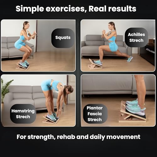 14″ Wide Premium Portable Wooden Slant Board, Thicker Bottom – Professional Adjustable Calf Stretching, Beginner & Rehab Friendly, Exercise Guide and Bonus Muscle Roller, Squats, Physical Therapy - color: Natural, size: 14x14 Inch
