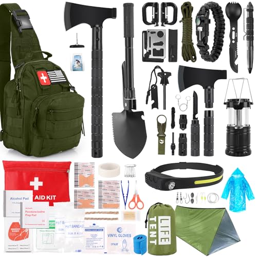 Survival Kit, 268 Pcs Emergency Survival Gear and Equipment Supplies with First Aid Kit, Camping Axe, Headlamp, Crossbody Bag for Camping Hiking, Hunting, Gift for Christmas Men, Dads, - color: Green