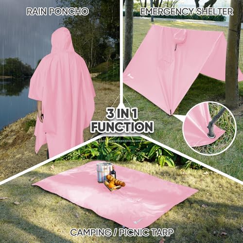 PTEROMY 3-in-1 Hooded Rain Poncho for Adult with Pocket, Waterproof Lightweight Unisex Raincoat for Hiking Camping Emergency - color: Pink
