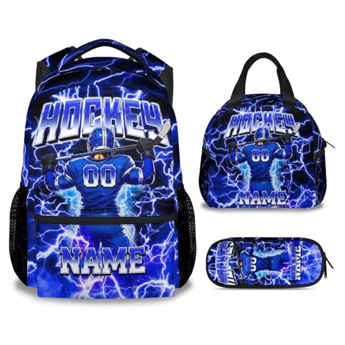 UNIKITTY Boys Hockey Backpack Set with Lunch Box & Pencil Case, Personalized Ice Hockey School Backpack 17 Inch Large Capacity, Water Resistant for Kids Teens - color: Blue