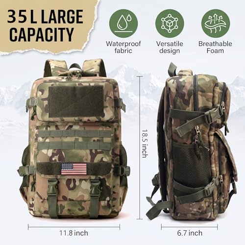 Army Green 35L Tactical Military Backpack, Molle System Hiking Backpack for Men Women, Water Resistant Outdoor Rucksack Fits 16 Inch Laptop for Camping Hunting Trekking - color: Camo Backpack Single Pack 1