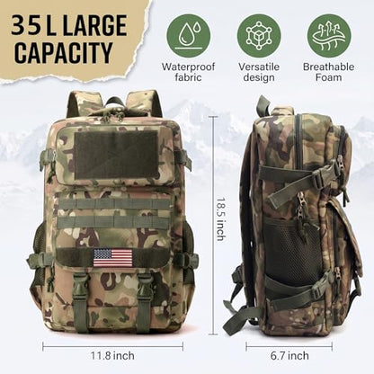 Army Green 35L Tactical Military Backpack, Molle System Hiking Backpack for Men Women, Water Resistant Outdoor Rucksack Fits 16 Inch Laptop for Camping Hunting Trekking - color: Camo Backpack Single Pack 1