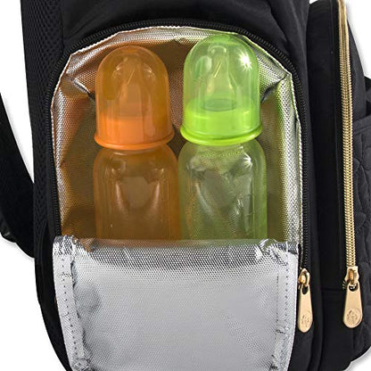 Modern Quilted Diaper Bag Backpack and Multipurpose Travel Drawstring Baby Bag – 3 Piece Set (Black)