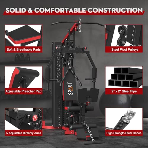 SPART Home Gym Station,Multifunctional Home Gym Workout Equipment,with 160LBS Weight Stack for Leg Press & Chest Fly, All in One Exercise Equipment Full Body Strength Training with Pulley System - color: Red, style: Steel Cover
