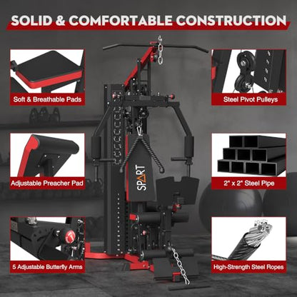 SPART Home Gym Station,Multifunctional Home Gym Workout Equipment,with 160LBS Weight Stack for Leg Press & Chest Fly, All in One Exercise Equipment Full Body Strength Training with Pulley System - color: Red, style: Steel Cover