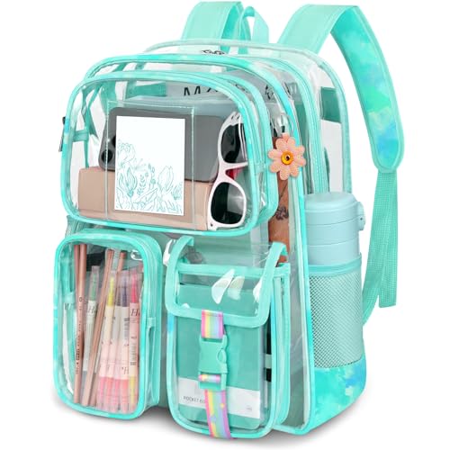 Attmu Clear Backpack for School, Heavy Duty PVC Transparent Bookbag with Reinforced Straps Stitches, Clear Bag for Stadium Events Girls Boys, Large Capacity Backpack for Security College Work - color: Green Tie Dye, size: 17*12*5