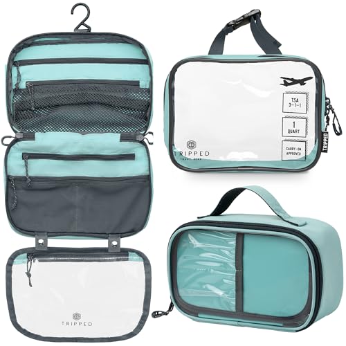 Toiletry Bag Kit 3 Piece Set: Hanging Travel Toiletry Bag + 311 TSA Cosmetic Liquid Bag + Accessory Organizer Pouch - color: Dusty Teal Makeup