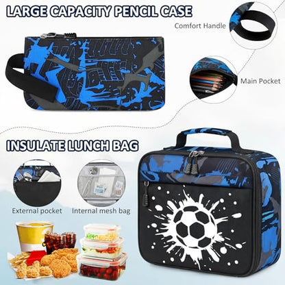 School Backpack for Boys - 4pcs Gamer Boys Backpack with Lunch Box Set for Kids Teens Elementary Middle High School,18″ Large Capacity Students Bookbag with Usb Charging Port & Key-chain - color: Soccer-set