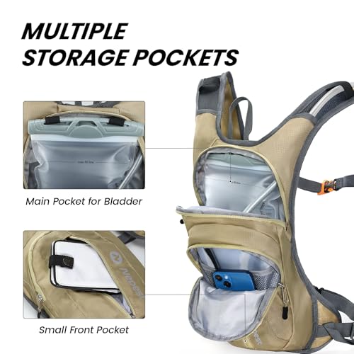 Nepest Hydration Pack Backpack for Women & Men, Lightweight Water Backpack with 2L Water Bladder for Hiking Cycling Running Biking - color: Khaki