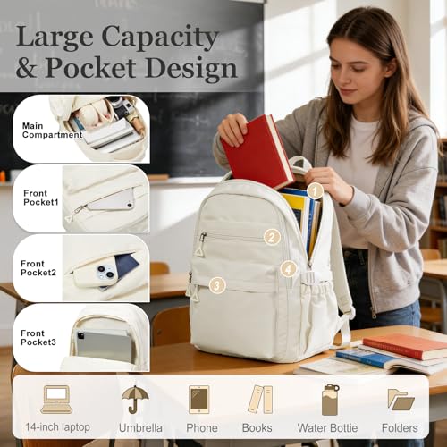 Backpack for College Students Women Men, Aesthetic Backpacks for Middle School, Waterproof Bookbag, Lightweight High School Backpack for Teens Boys Girls(Beige) - color: Beige