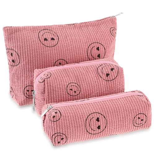 Huhumy 3 Pcs Makeup Bag Set for Women Corduroy Cosmetic Pouch Aesthetic Smile Travel Toiletry Bag Cute Purse Pouch Pencil Case Makeup Brushes Storage Organizer with Zipper(Pink,Smile Face) - color: Pink, style: Smile Face