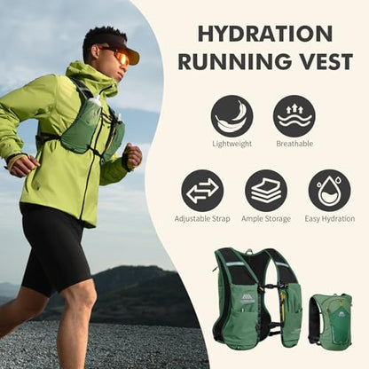 AONIJIE Running Hydration Vest for Men Women 8L Backpack with 500ml Soft Flask Water Bottle - style: Green