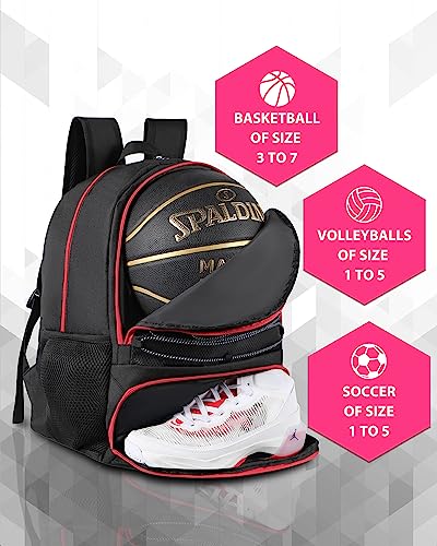 Basketball Bag Backpack for Men Women with Ball & Shoes Compartment 30L Capacity Lightweight Breathable Boys Girls Soccer Ball Bag Backpack Fit Volleyball Football Sports Travel School Gym - color: TK13Red