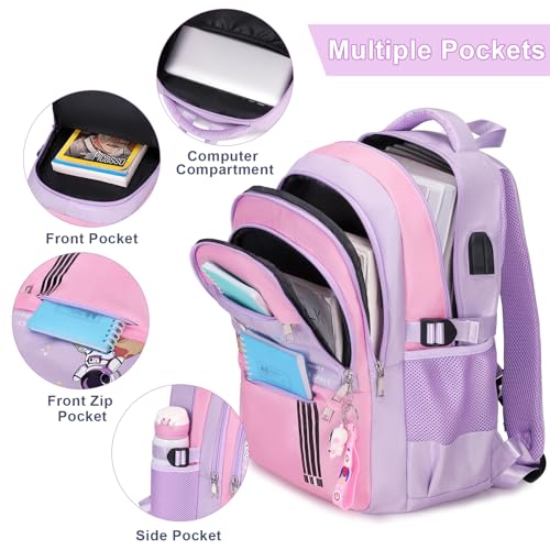 ACESAK Backpack for Girls - Girls Backpack Schoolbag for Kids Children Teens Elementary Middle School Bags, Waterproof Lightweight Kids Bookbag Backpacks Casual Daypack with Lunch Bag Set(Purple Pink) - color: Purple Pink
