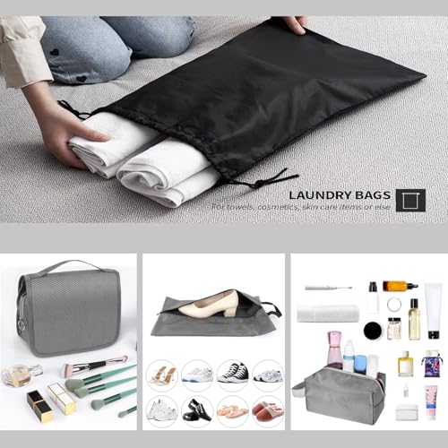 9-Set Packing Cubes with Hanging Bag | 9-Size Combination, Mesh Fabric & Reflective Stripe | Travel Luggage Organizers (Grey) - color: Grey