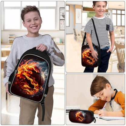 School Backpack for Boys - 4pcs Basketball Boys Backpack with Lunch Box and Pencil Case for Kids Children Teens Elementary Middle School - Students Bag for Ages 6-18,17″Bookbag Travel Back Pack - color: Basketball-03-backpack Set