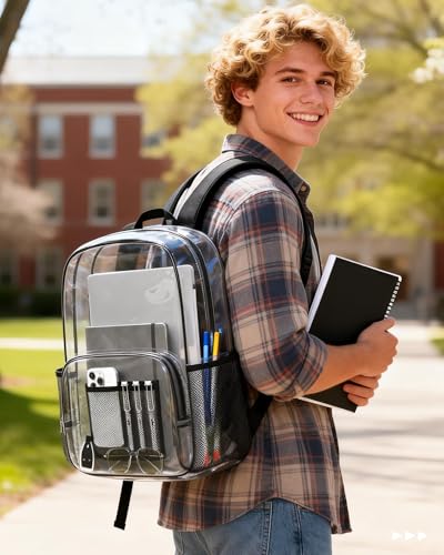 HOTOR Clear Backpack - Multi-Pocket Bookbag, Cold-Resistant PVC Waterproof Work Bag & College Backpack with Padded Shoulder Straps for Travel, Festival, 16.0" x 12.0" x 7.0", Black - size: Medium