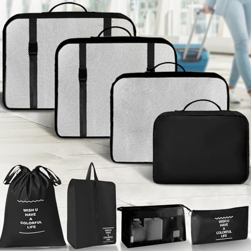 Packing Cubes 8 Set Travel Essentials for Carry on Luggage Organizers Bag Packing Cubes for Suitcases Travel Accessories (Black) - color: Black