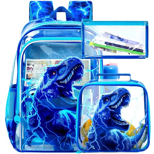 UFNDC 3PCS Clear Backpack for Girls and Boys, Unicorn Cat Transparent Bookbag, See Through School Bag for Kids Elementary - color: Uv Printing Lightning Dinosaur Clear Backpack