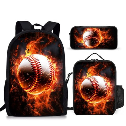 3PCS Boys Backpack, Kids Back To School Backpack with Lunch Box Pencil Case Set, Cool Baseball Backpack for Boys Teens, 17" Schoolbag Bookbag for Elementary Middle High School Students - color: Fire Baseball