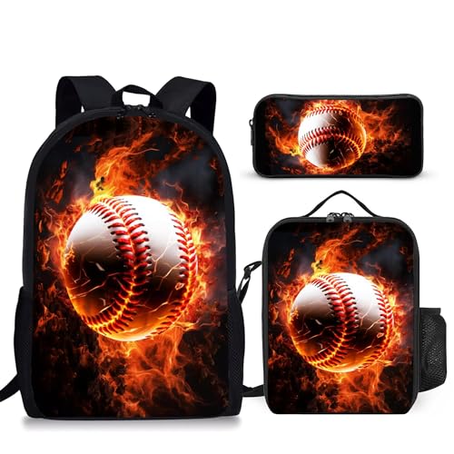 3PCS Boys Backpack, Kids Back To School Backpack with Lunch Box Pencil Case Set, Cool Baseball Backpack for Boys Teens, 17" Schoolbag Bookbag for Elementary Middle High School Students - color: Fire Baseball